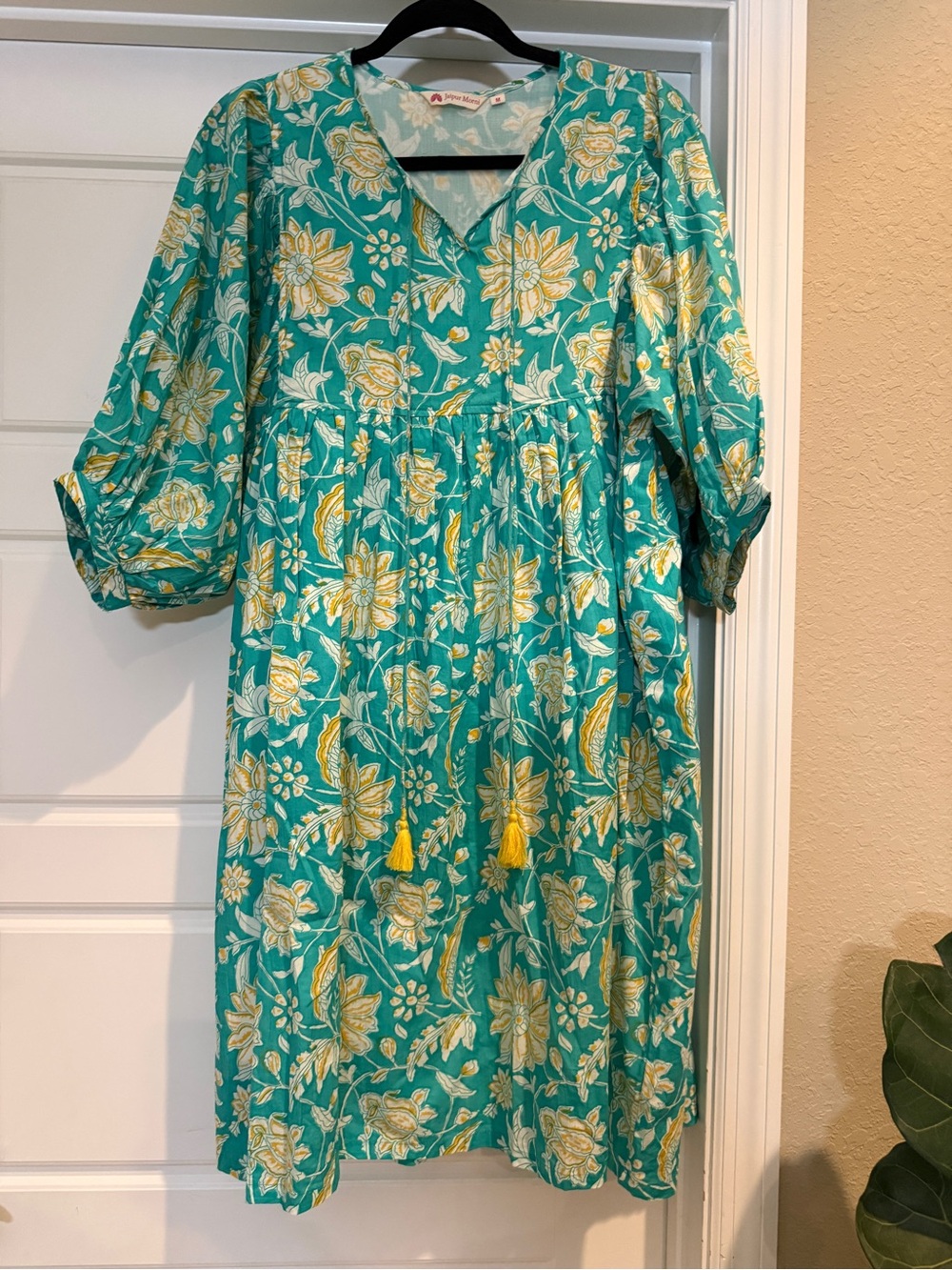 Jaipur Morni Floral Print Tie-Up Neck Puff Sleeves Pure Cotton A-Line Dress - Picture 4 of 9